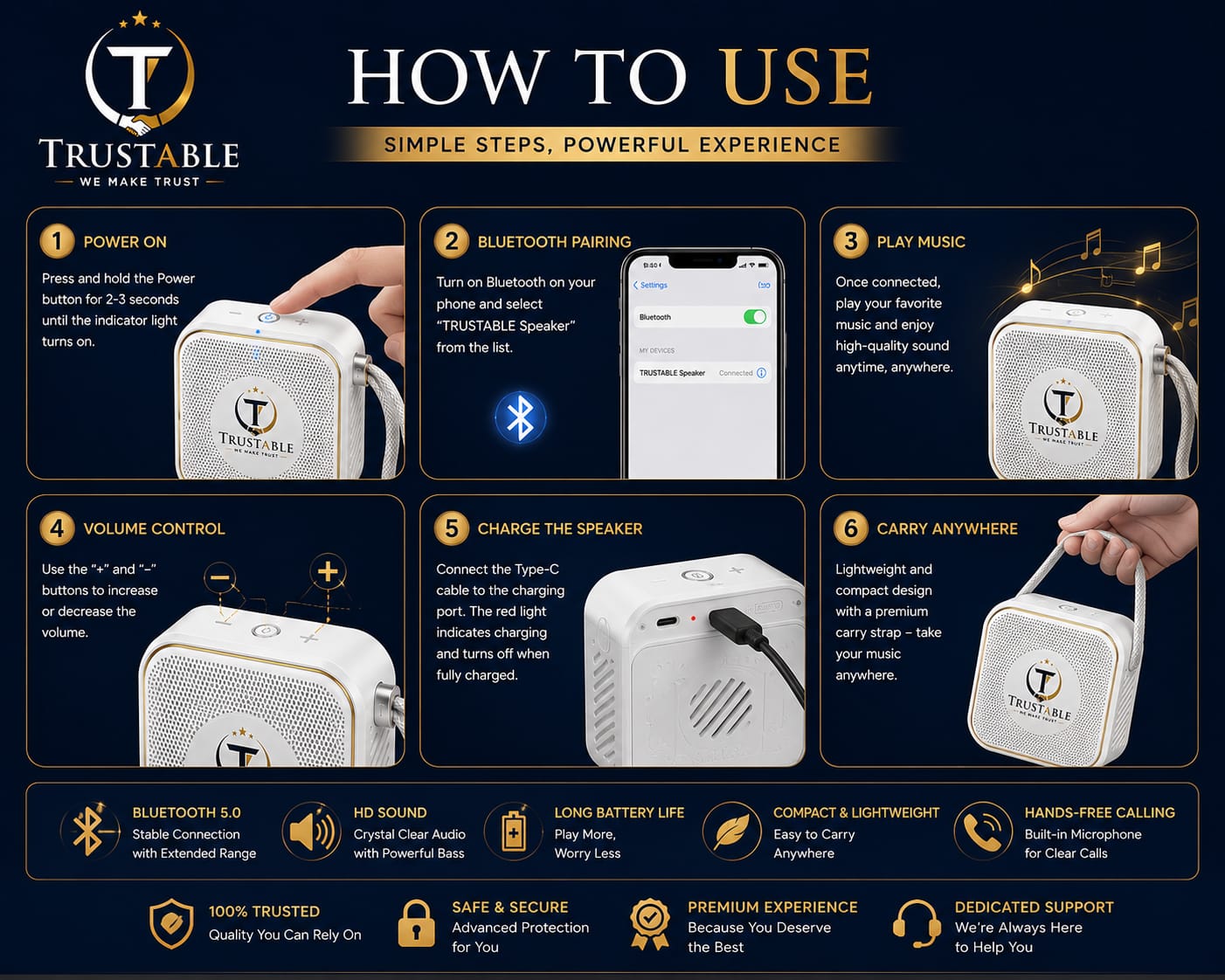 TRUSTABLE Portable Bluetooth Speaker – HD Sound, Bluetooth 5.0
